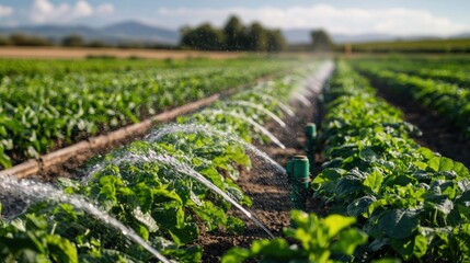 Watering a field of crops with a sprinkler system. The agricultural concept of irrigation and farming. The green and yellow colors of the plants are vibrant and healthy.