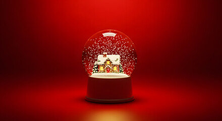 Snow globe with a cozy house and snowflakes on red background  