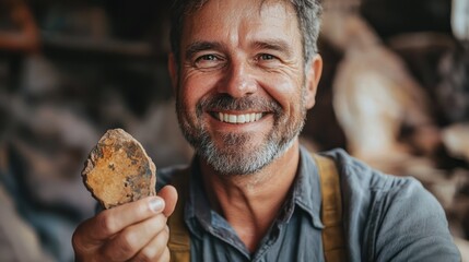 A man holding a stone in a workshop.