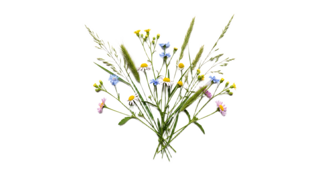 A bouquet of wildflowers featuring daisies blue flowers and various types of grass on black background