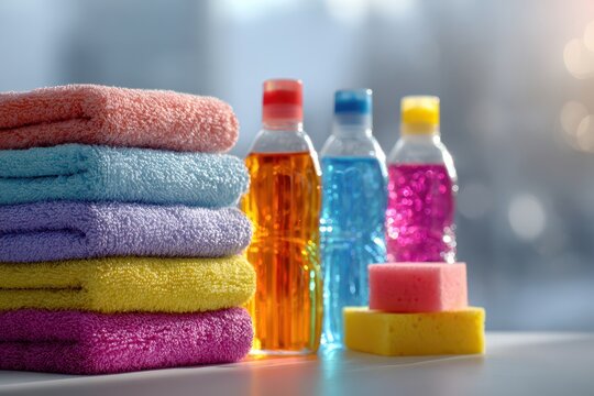 A stack of colorful towels and cleaning products arranged neatly on a white surface, creating a clean and organized bathroom or cleaning supply scene.