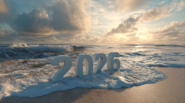 2026 numbers standing on beach with ocean waves