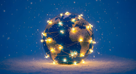 Illuminated globe with lights on winter background and snowfall  