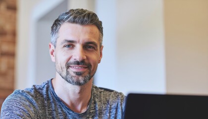Professional man engaged in work at home office indoor setting portrait photography modern environment close-up view focus on productivity
