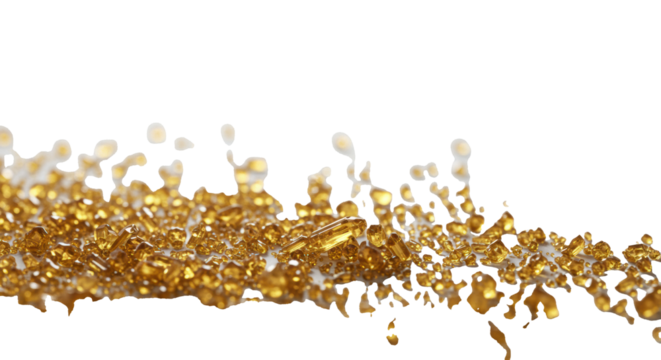 Fine, delicate golden-brown crystalline particles, textured and translucent, scattered organically on a transparent background with soft studio lighting and bokeh. Concept of sophisticated