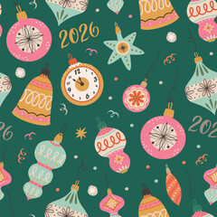 Vector Christmas seamless pattern with Retro Christmas balls on green background. Perfect for Christmas paper, fabric and gift designs