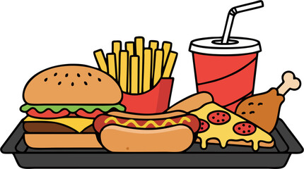 Cartoon Fast Food Tray with Burger, Fries, Hot Dog, Pizza, Chicken, and Soda Vector Illustration