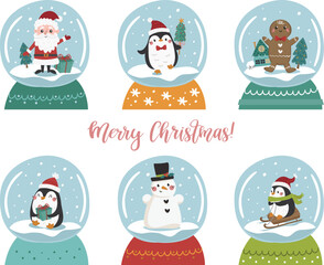 Christmas vector snow globe set. Crystal snow globe with Santa Claus, a snowman, penguins, and a gingerbread man. Perfect for greeting cards, clip art, children's stickers, nursery prints, DIY project