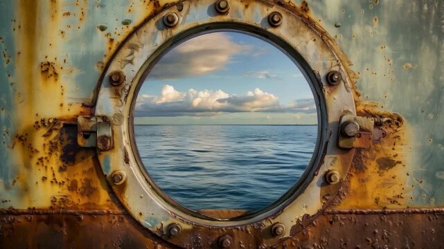 A view of the sea from the round porthole of an old ship, with rusty edges and a cloudy sky. Useful for articles about travel, sea adventures, historical material about ships, as well as projects abou
