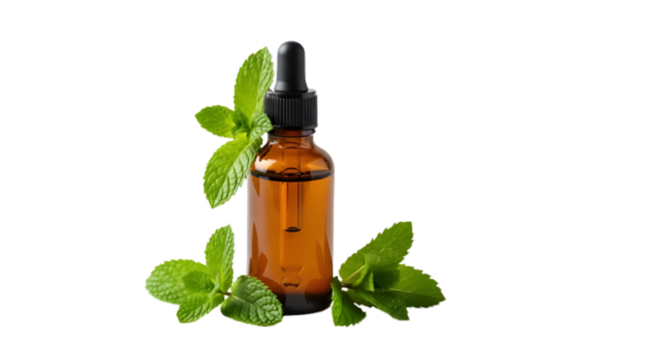 Mint essential oil in amber bottle isolated on transparent background, natural aromatherapy and herbal medicine