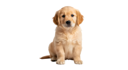 A cute golden retriever puppy sitting and looking at the camera isolated on transparent background, adorable and playful