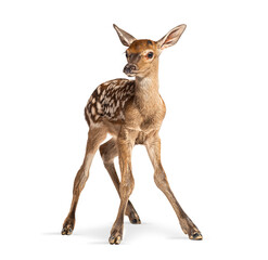 Few hours old red deer fawn standing on white background