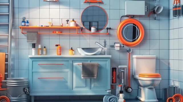 A modern bathroom with bright accessories and fixtures, styled to resemble a workshop. Useful for articles on interior design, bathroom fixture advertising, blogs about renovations, and creative space