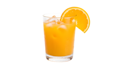 Refreshing glass of orange juice with ice and a slice isolated on transparent background, a healthy and vibrant beverage