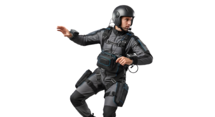 Man in motion capture suit and helmet isolated on transparent background, demonstrating technology