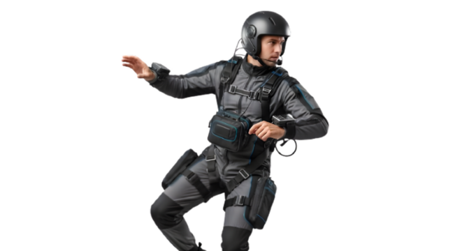 Man in motion capture suit and helmet isolated on transparent background, demonstrating technology
