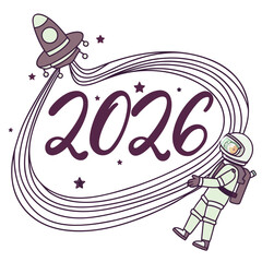 Astronaut and rocket with 2026 on a white background space stars