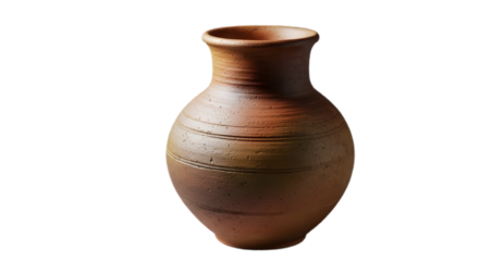 Rustic clay vase with a rounded body and narrow neck isolated on transparent background, perfect for floral arrangements