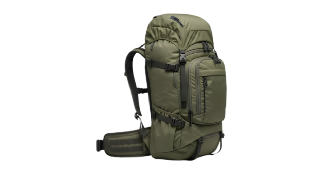 Olive green hiking backpack isolated on transparent background, perfect for outdoor adventures and camping trips