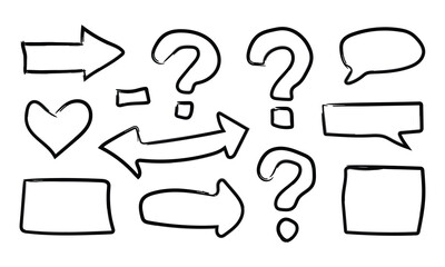 Bold hand drawn arrow heart and speech bubble communication icons