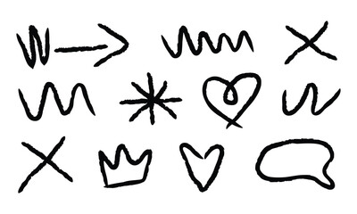 Bold hand drawn marker doodle elements and symbols set