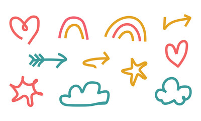 Colorful hand drawn doodle rainbow heart and arrow collection for design