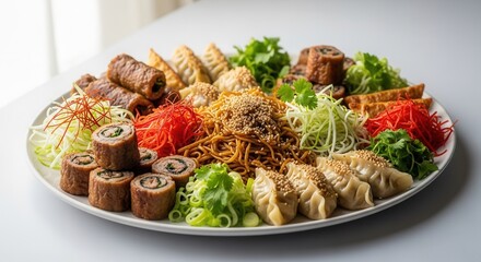 A vibrant platter featuring various Asian dishes including dumplings, spring rolls, and noodles, perfect for sharing at gatherings or events.