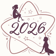 Silhouettes of children around the year 2026 within a star shape new year future