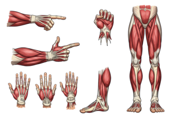 Cartoon anatomical muscle illustrations: pointing hand, clenched fist with torn tendons, forearm and foot muscles, bold black outlines, light grey fill on white background, scientific Halloween theme