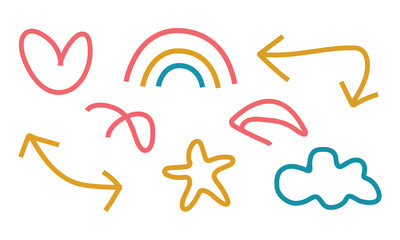 Hand drawn rainbow heart and arrow doodle collection