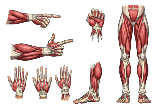 Cartoon anatomical muscle illustrations: pointing hand, clenched fist with torn tendons, forearm and foot muscles, bold black outlines, light grey fill on white background, scientific Halloween theme
