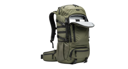 Olive green hiking backpack isolated on transparent background with laptop inside for outdoor adventure
