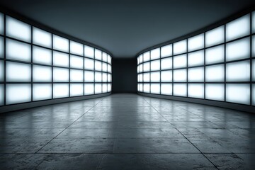 Fototapeta premium A futuristic, modern corridor with glowing white panels on curved walls, reflecting on polished tile flooring, creating a clean, minimalist architectural concept.