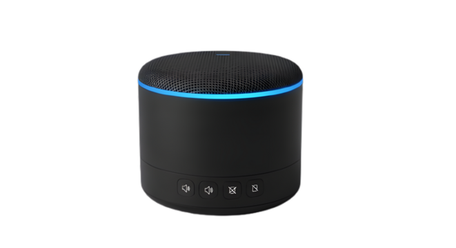 Black portable speaker with blue light isolated on transparent background for listening to music