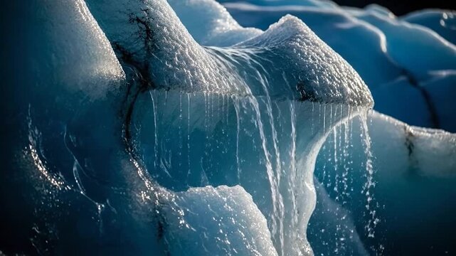 Melting glacier iceberg surface water runoff close up blue white texture climate change environment