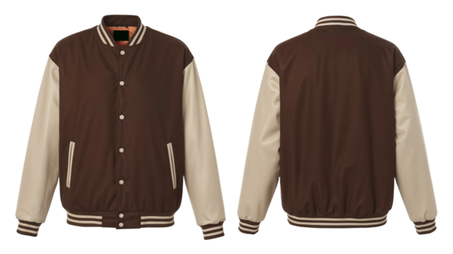 Brown baseball bomber varsity jacket in front and back view, mockup isolated on transparent background