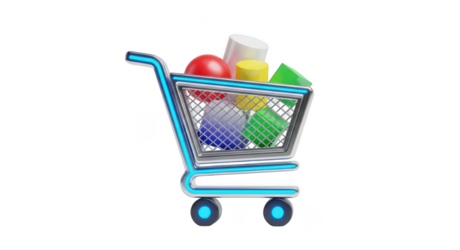 Futuristic shopping cart filled with colorful geometric objects on a transparent background trolley isolated on a transparent background