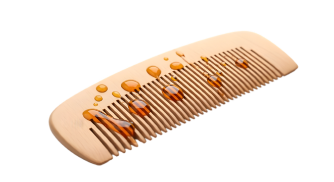 Wooden comb with drops of oil on transparent background isolated on transparent background