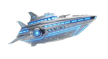 Futuristic silver yacht with glowing blue lights and advanced technology on a background Keywords: yacht, futuristic, spaceship, boat, luxury, modern isolated on a transparent background