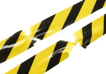 Striking high contrast image of torn black and yellow hazard warning tape transparant background