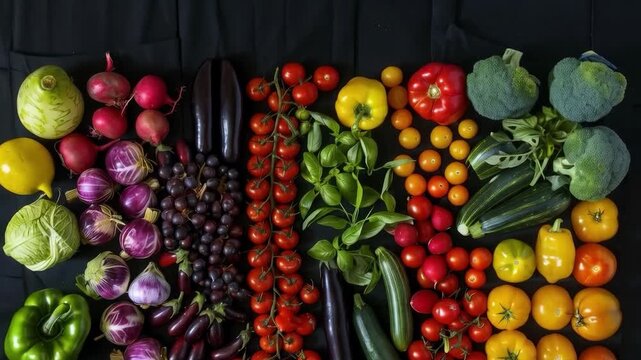 A variety of fresh vegetables and fruits on a black background, neatly arranged by colour. Suitable for food blogs, farm produce advertising, articles on healthy eating, and food packaging design.

