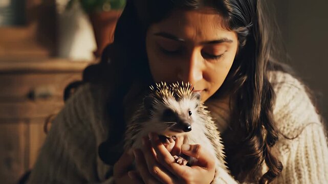 A woman tenderly cradles a small hedgehog, surrounded by lush foliage, capturing the intimate concept of nurturing and protection, conveying apologetic regret through her gentle grasp.
