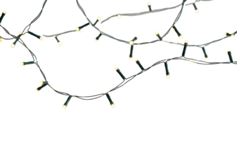 Warm white led holiday string lights, luminous bulbs, gentle bokeh, thin black wires, against a bright white seamless studio background with copy space, festive warmth concept