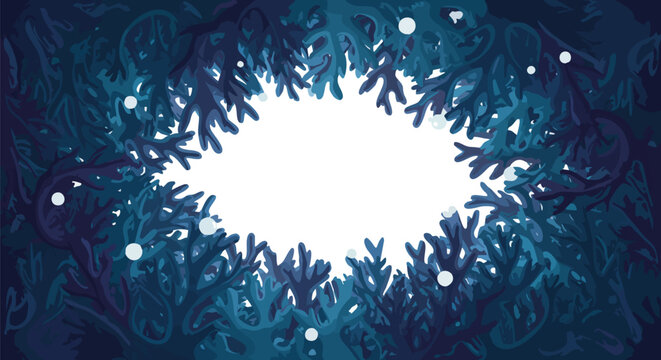 An abstract illustration of deep blue underwater coral forming a vibrant frame around a bright white copy space, perfect for aquatic-themed designs.