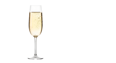 Tall flute glass filled with bubbly champagne isolated on transparent background