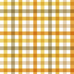 Seamless vector pattern of a classic gingham or plaid check in warm autumn colors including yellow, orange, brown, and white.
