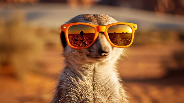 Meerkats wearing trendy sunglasses stand alertly on rocks, exuding coolness as they survey their desert surroundings, perfectly encapsulating the concept of being on high alert for new.