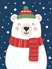 Smiling Cartoon Polar Bear in Falling Snow, Christmas Hat and Red Scarf. Adorable illustration ideal for Christmas, holiday greetings, New Year, winter season, children's products, and prints.