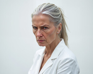 Mature woman with grey hair and white shirt, looking stern with a serious facial expression and a hint of displeasure.