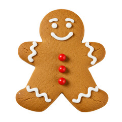 A perfectly baked golden-brown gingerbread woman cookie, white royal icing, smiling face, red candy buttons, against a transparent background with copy space. Christmas holiday baking concept